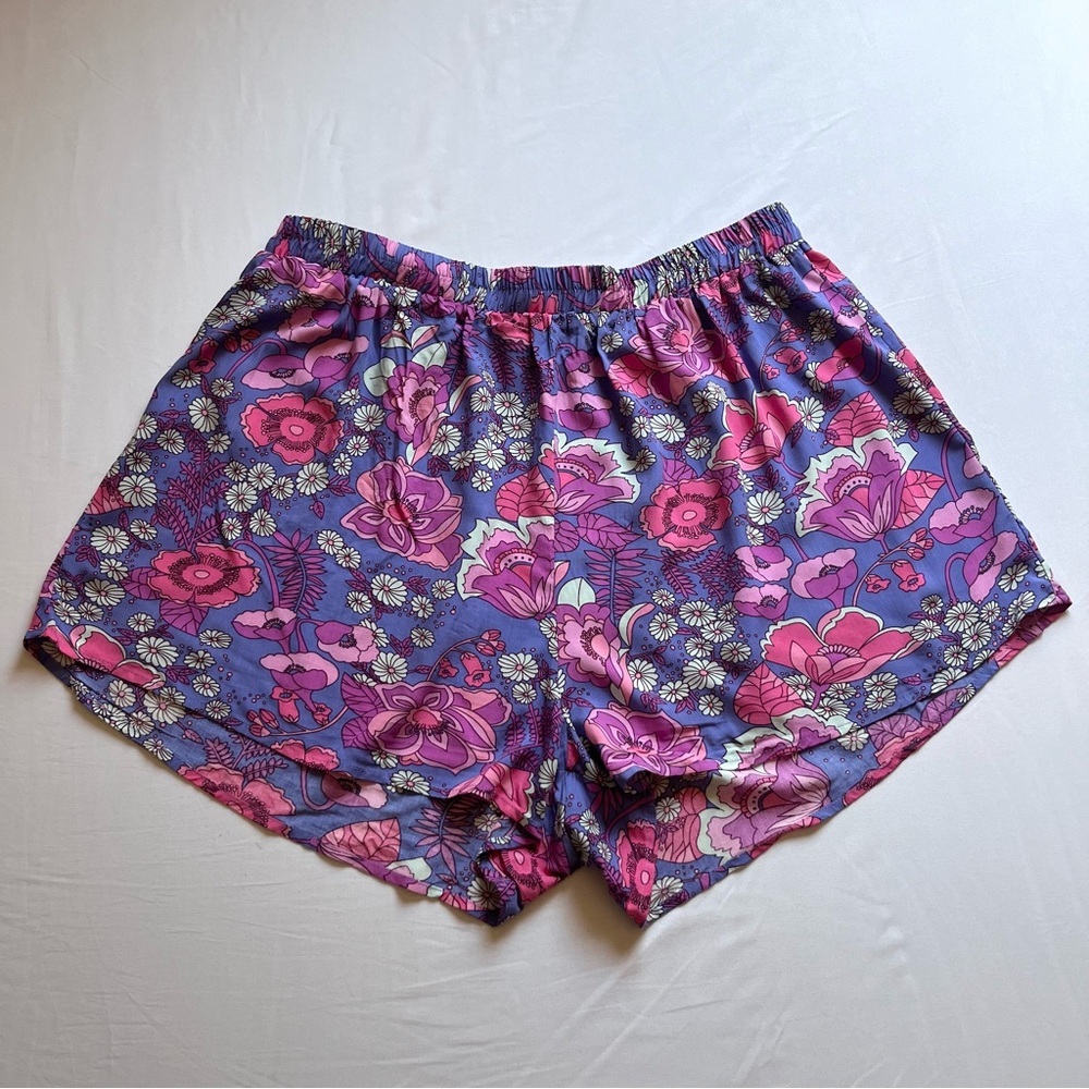 RUSTTYDUSTTY purpleโ blue pink floral print high rise shorts